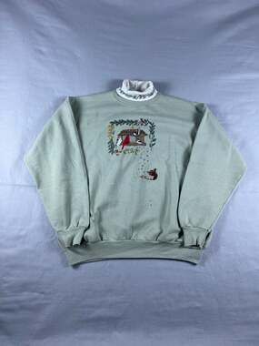 Vintage Artisans Sweatshirt Adult L Green Mock Neck Birds Squirrel Embroidered